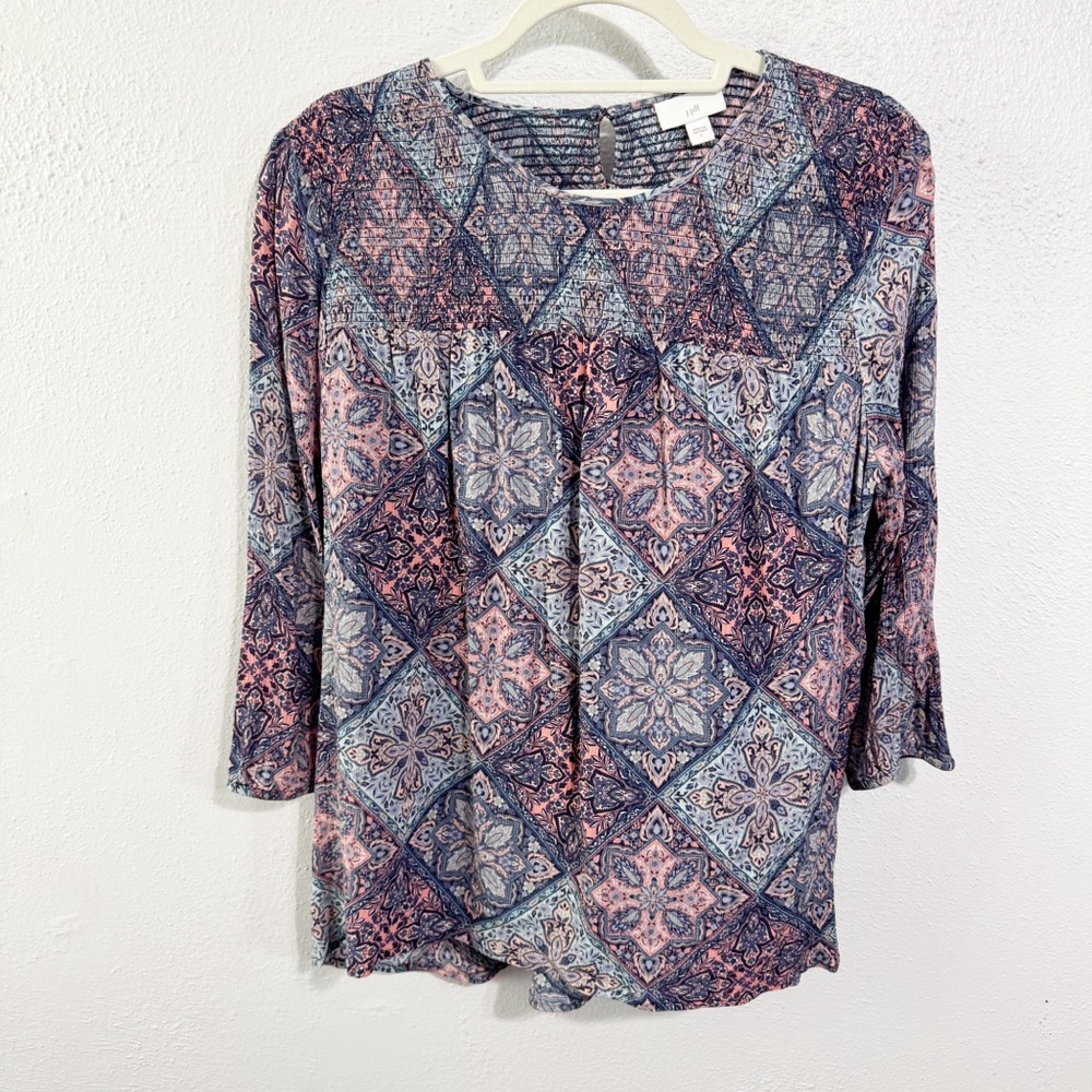 J. Jill Blue and Red 3/4 Sleeve Pleated trapeze Blouse large rayon